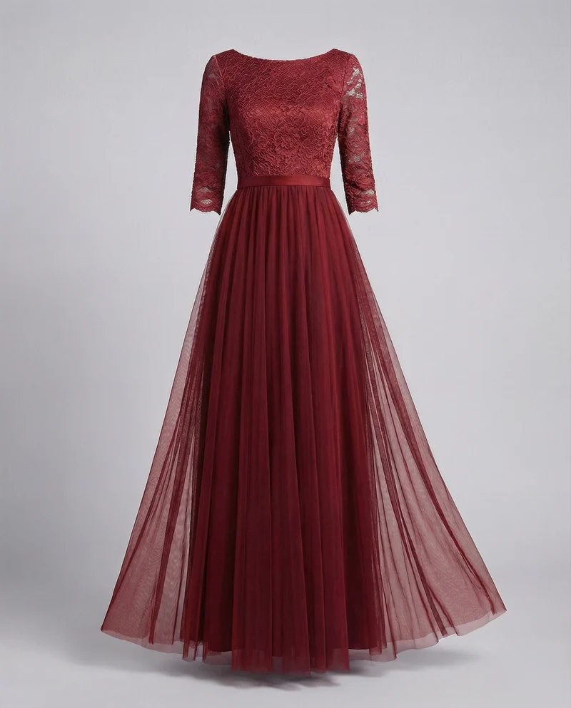 Damen Abendkleid Spitzenoberteil 3/4-Arm Tüllrock