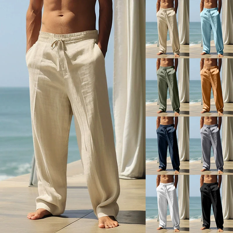 Herren lockere Leinen-Baumwoll-Freizeithose mit elastischem Bund und Kordelzug