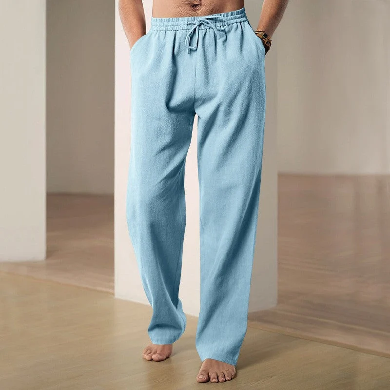 Herren lockere Leinen-Baumwoll-Freizeithose mit elastischem Bund und Kordelzug