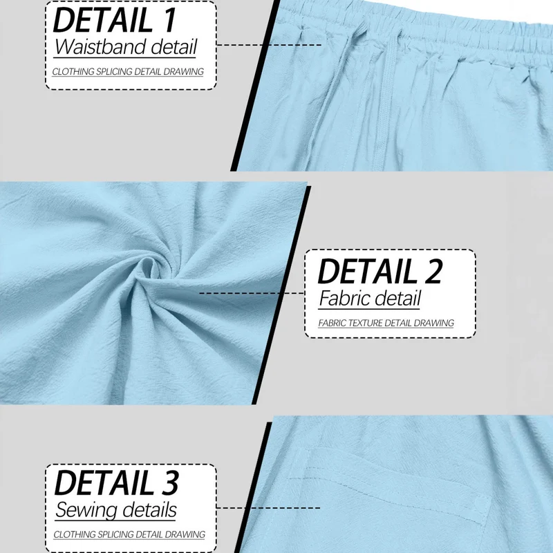 Herren lockere Leinen-Baumwoll-Freizeithose mit elastischem Bund und Kordelzug