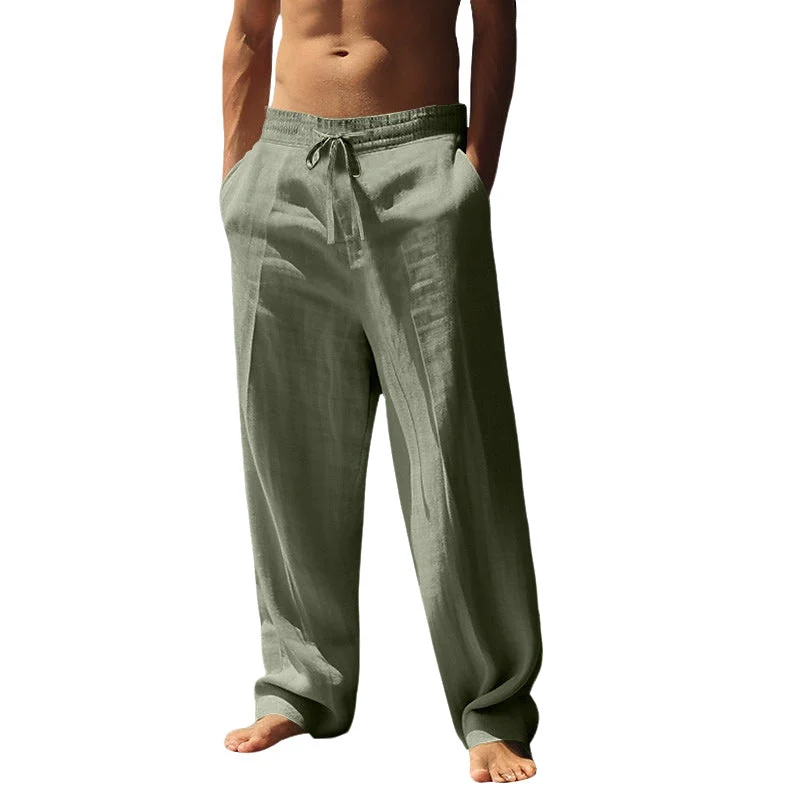 Herren lockere Leinen-Baumwoll-Freizeithose mit elastischem Bund und Kordelzug