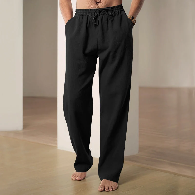 Herren lockere Leinen-Baumwoll-Freizeithose mit elastischem Bund und Kordelzug