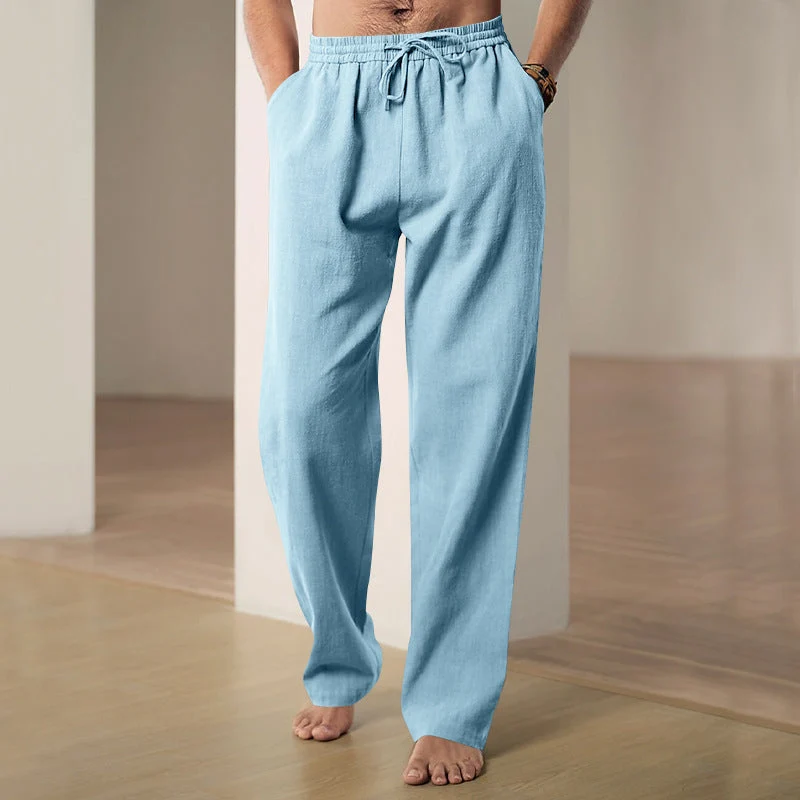 Herren lockere Leinen-Baumwoll-Freizeithose mit elastischem Bund und Kordelzug