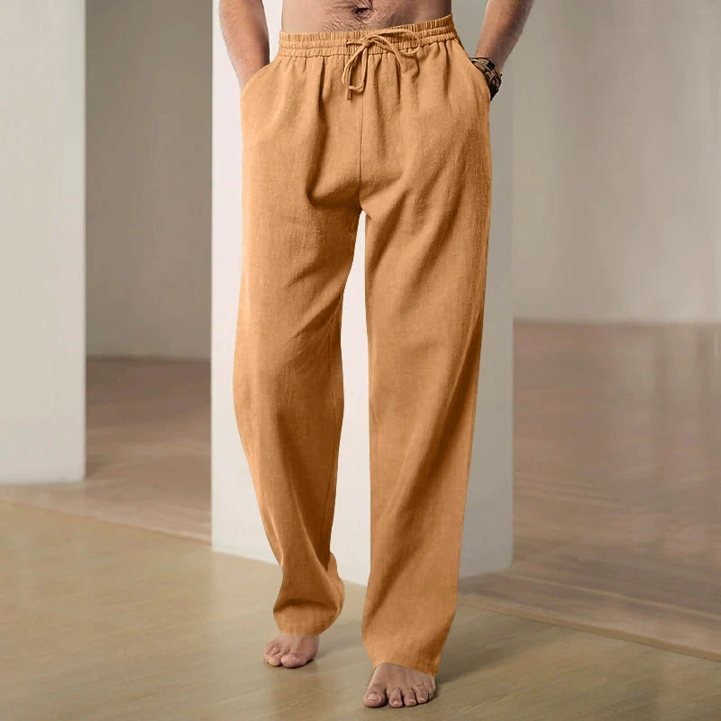 Herren lockere Leinen-Baumwoll-Freizeithose mit elastischem Bund und Kordelzug