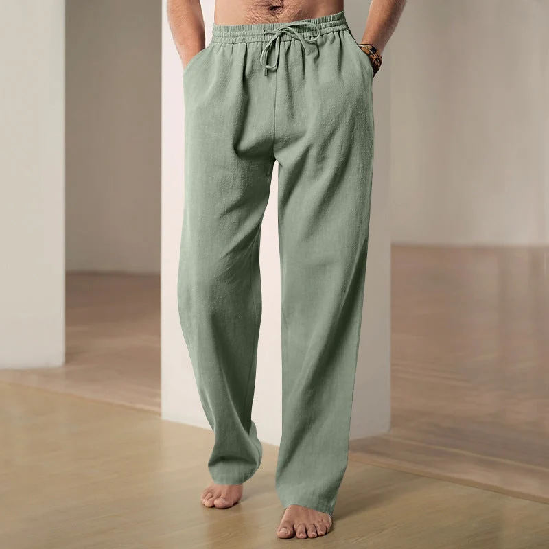 Herren lockere Leinen-Baumwoll-Freizeithose mit elastischem Bund und Kordelzug