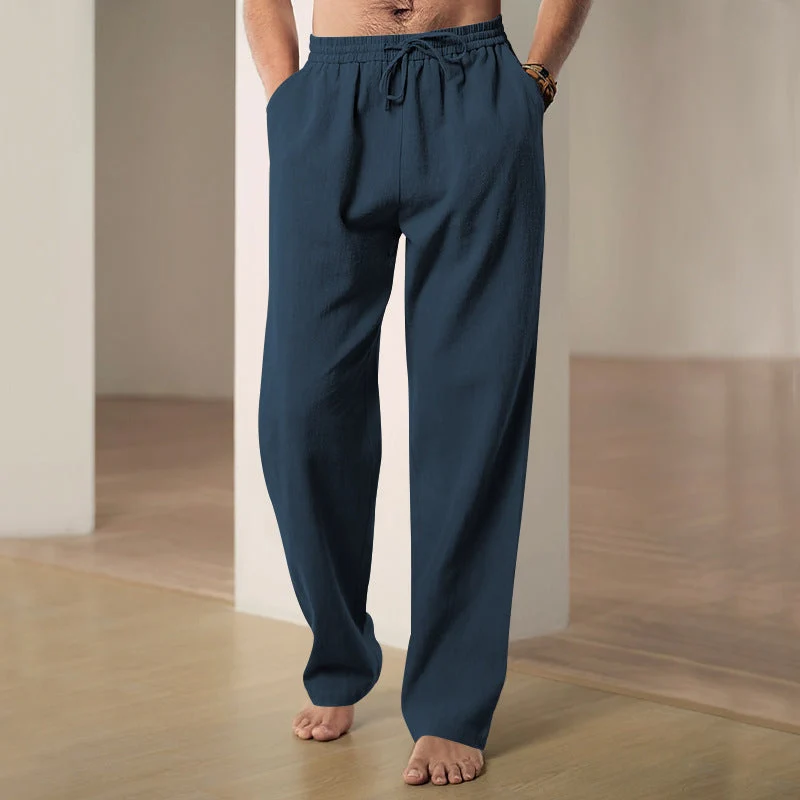 Herren lockere Leinen-Baumwoll-Freizeithose mit elastischem Bund und Kordelzug