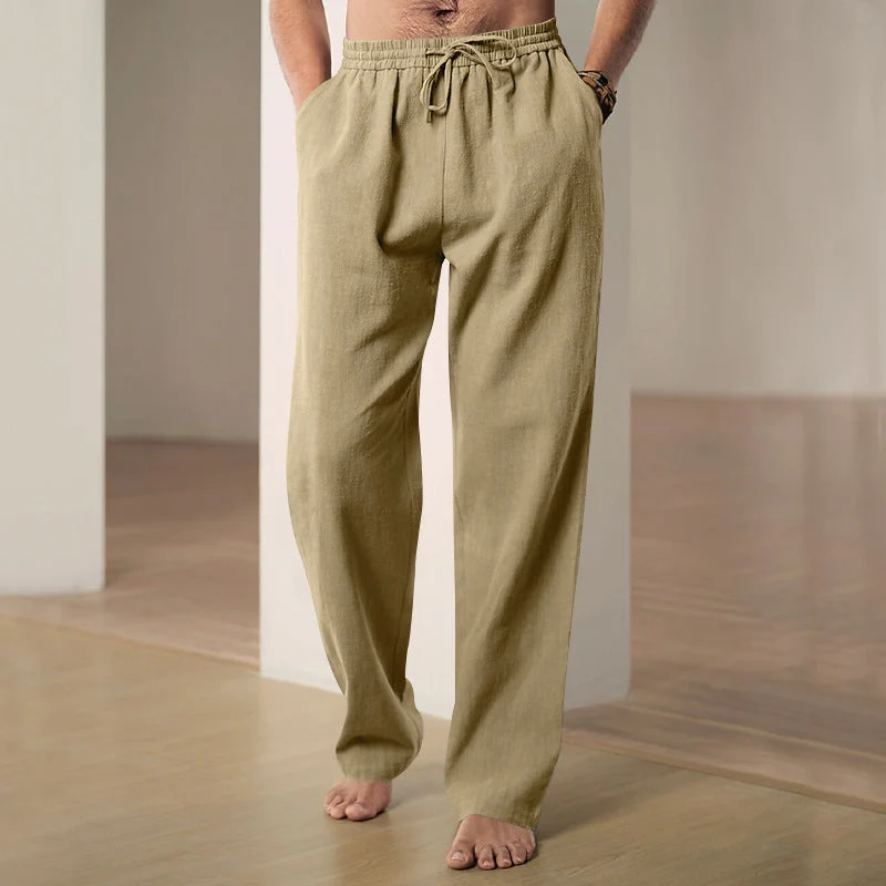 Herren lockere Leinen-Baumwoll-Freizeithose mit elastischem Bund und Kordelzug