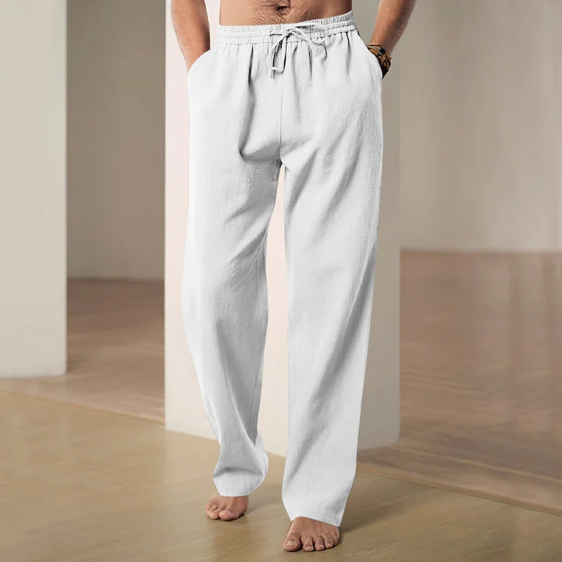 Herren lockere Leinen-Baumwoll-Freizeithose mit elastischem Bund und Kordelzug