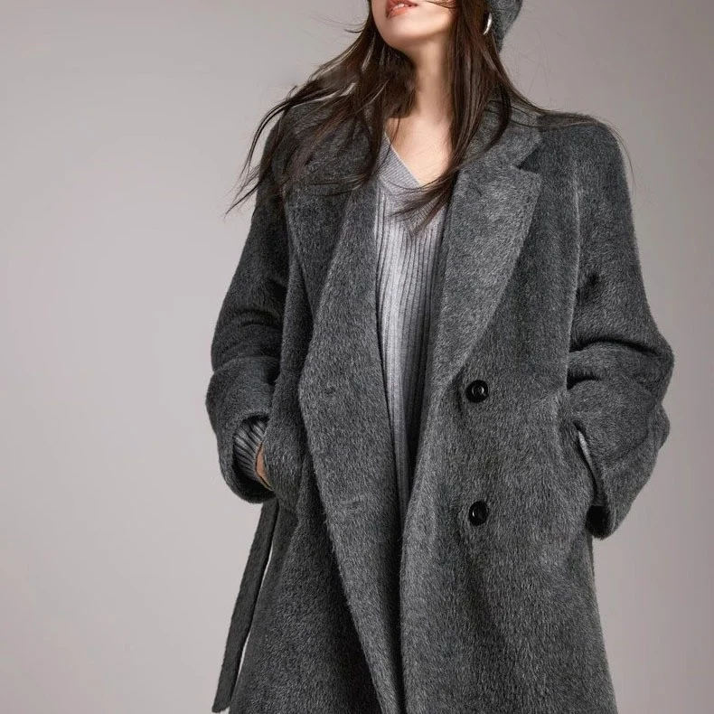Damen Modischer und eleganter Bouclé-Mantel mit doppelter Knopfleiste Nord Taschen