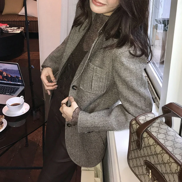Damen Modischer Tweed Blazer Nord Taschen