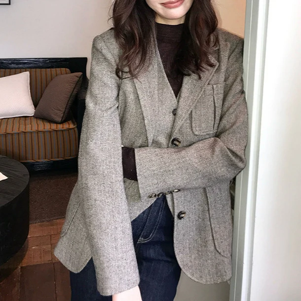 Damen Modischer Tweed Blazer Nord Taschen