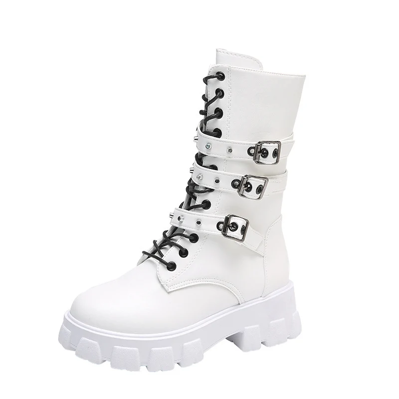 Damen Plateau-Bikerstiefel mit dreifacher Zierschnalle und massiver Profilsohle Nord Taschen