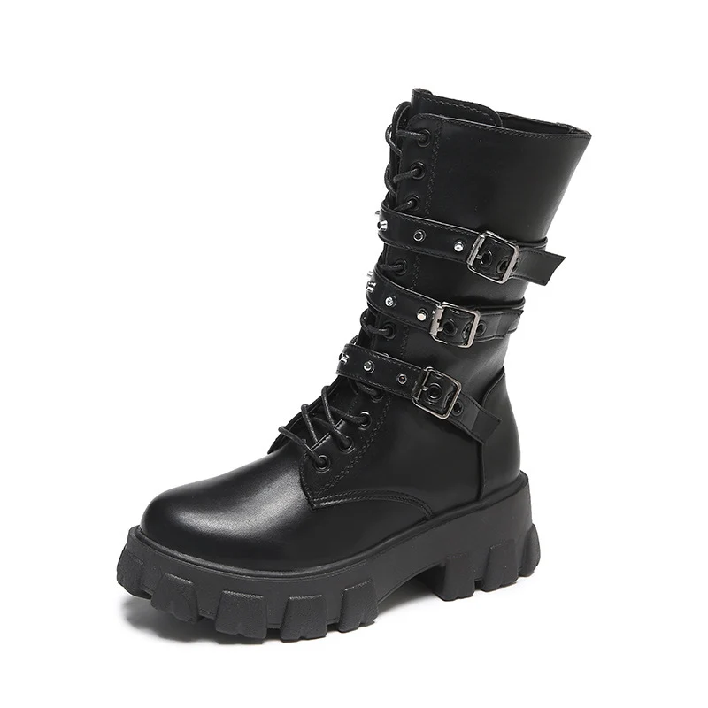 Damen Plateau-Bikerstiefel mit dreifacher Zierschnalle und massiver Profilsohle Nord Taschen