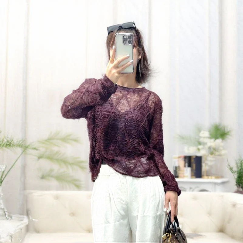 Damen Modischer Strickpullover mit offenen Maschen Nord Taschen