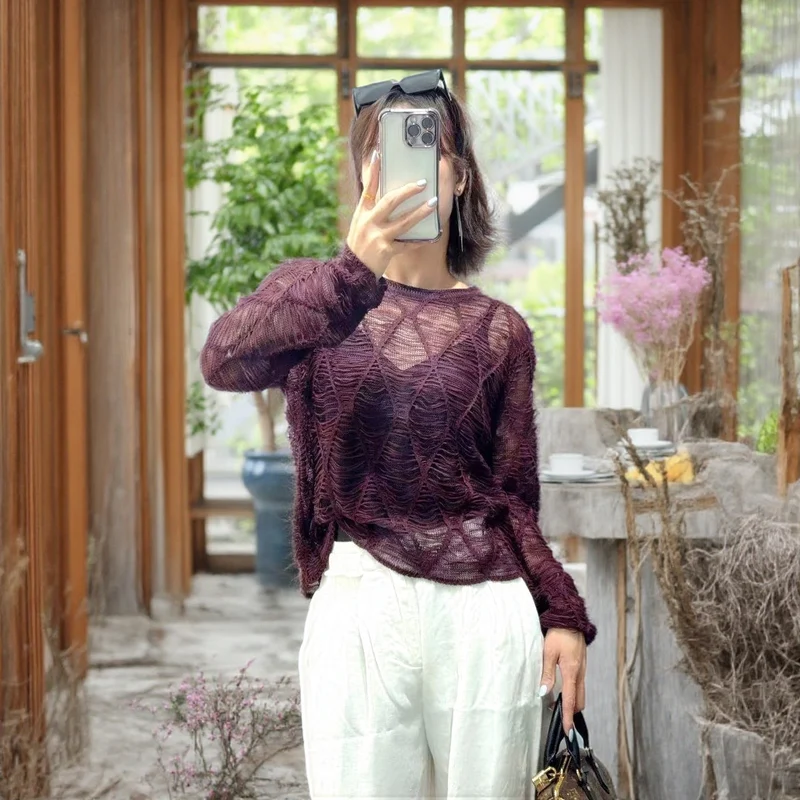 Damen Modischer Strickpullover mit offenen Maschen Nord Taschen