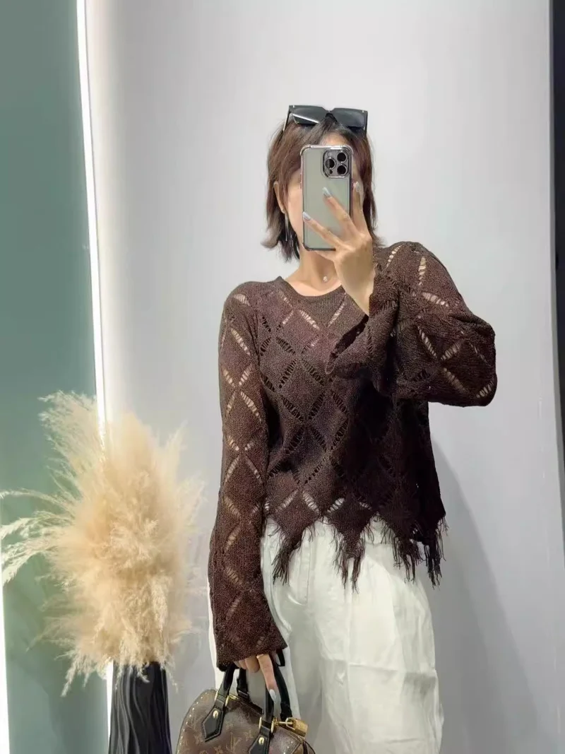 Damen Modischer Strickpullover mit offenen Maschen Nord Taschen