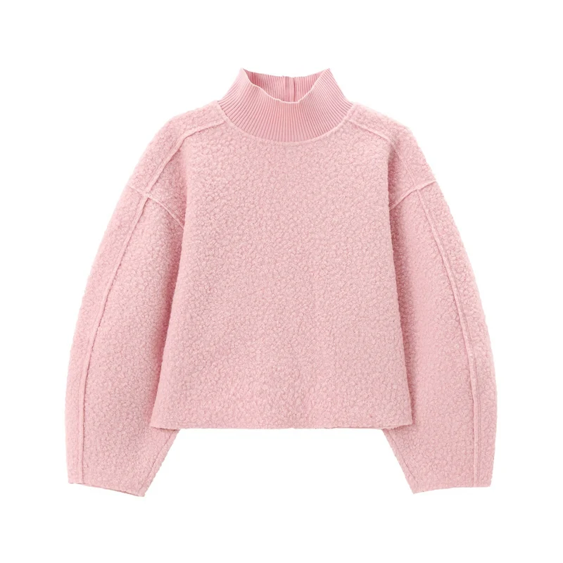 Damen Oversize Cropped Pullover mit Stehkragen und Ballonärmeln Nord Taschen