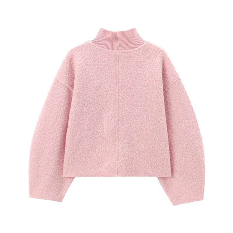Damen Oversize Cropped Pullover mit Stehkragen und Ballonärmeln Nord Taschen