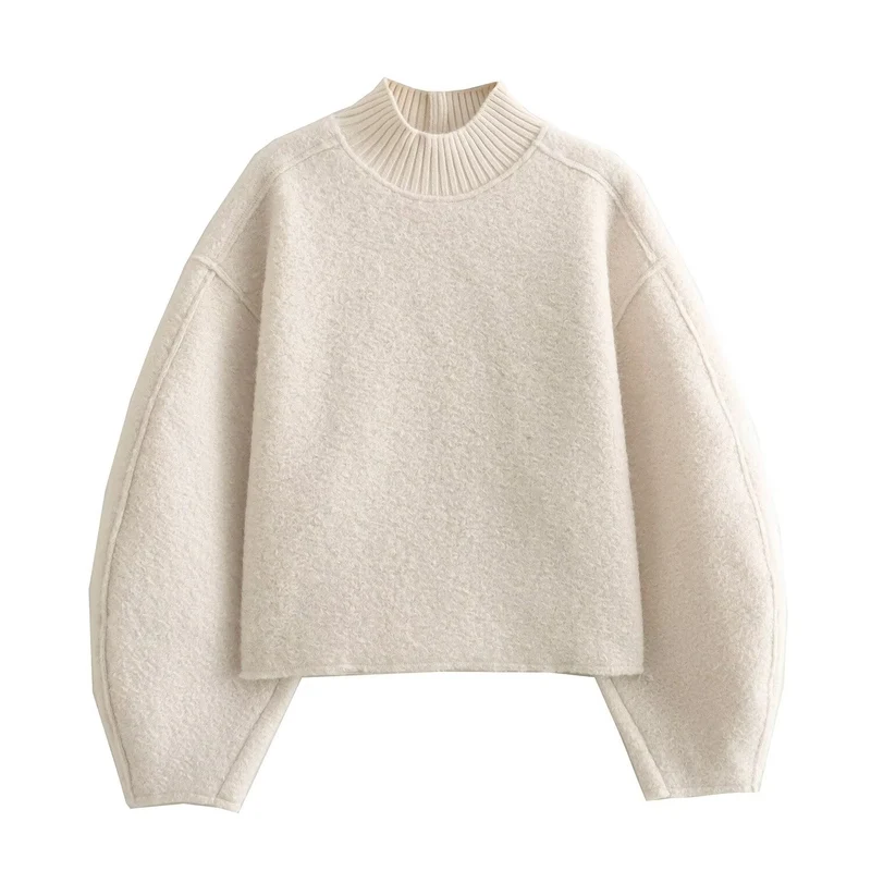 Damen Oversize Cropped Pullover mit Stehkragen und Ballonärmeln Nord Taschen