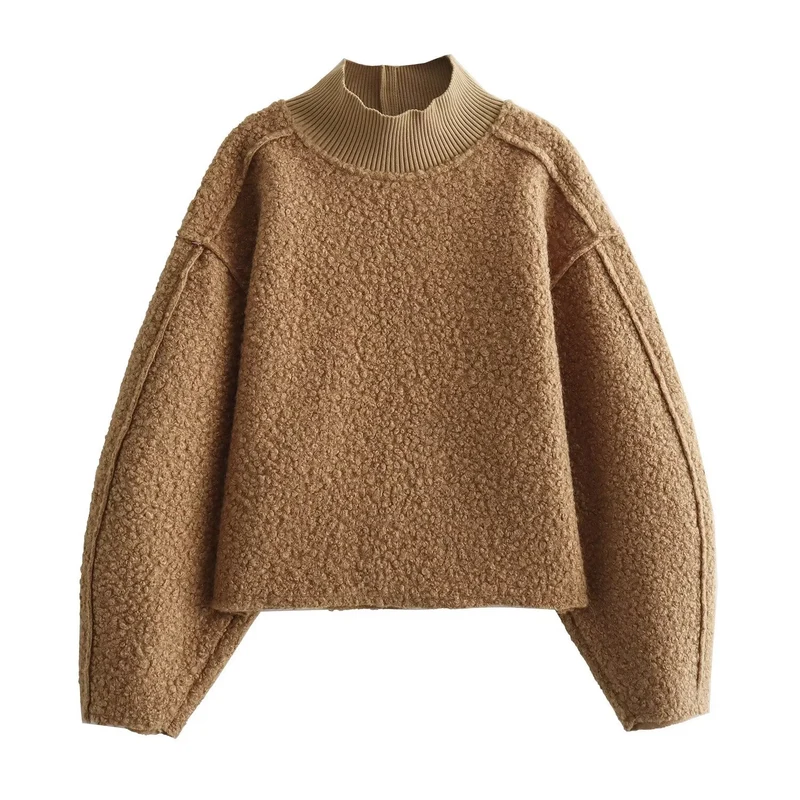 Damen Oversize Cropped Pullover mit Stehkragen und Ballonärmeln Nord Taschen