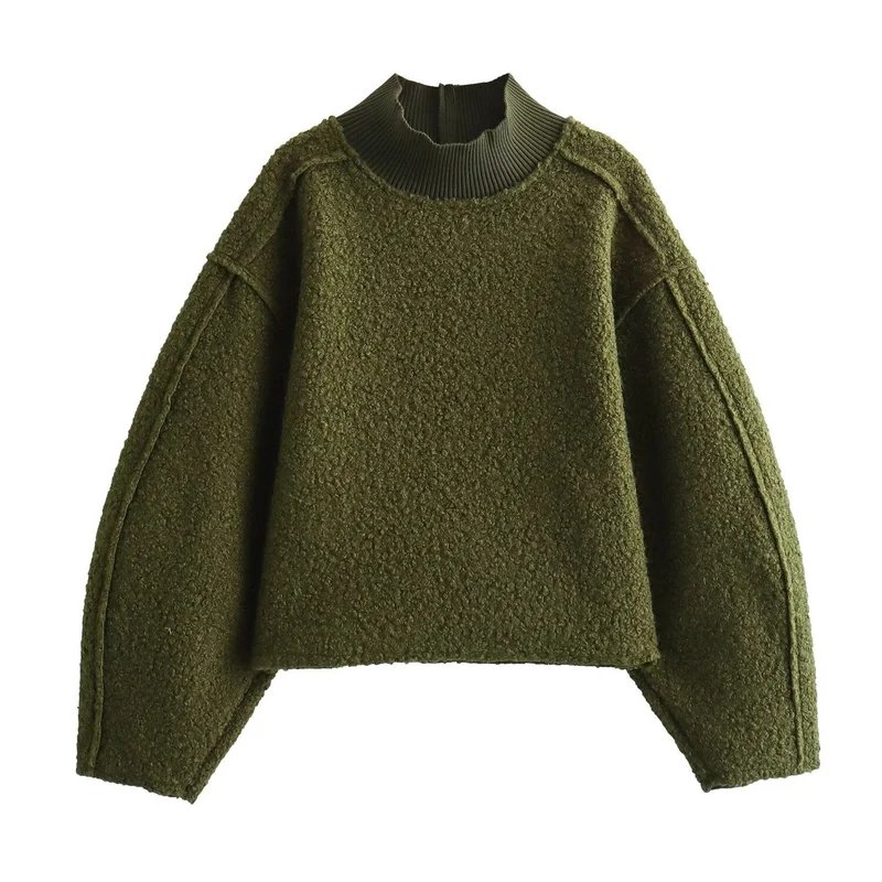 Damen Oversize Cropped Pullover mit Stehkragen und Ballonärmeln Nord Taschen