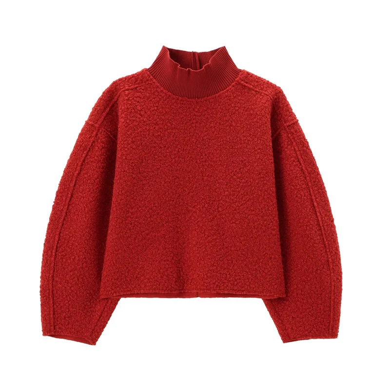 Damen Oversize Cropped Pullover mit Stehkragen und Ballonärmeln Nord Taschen