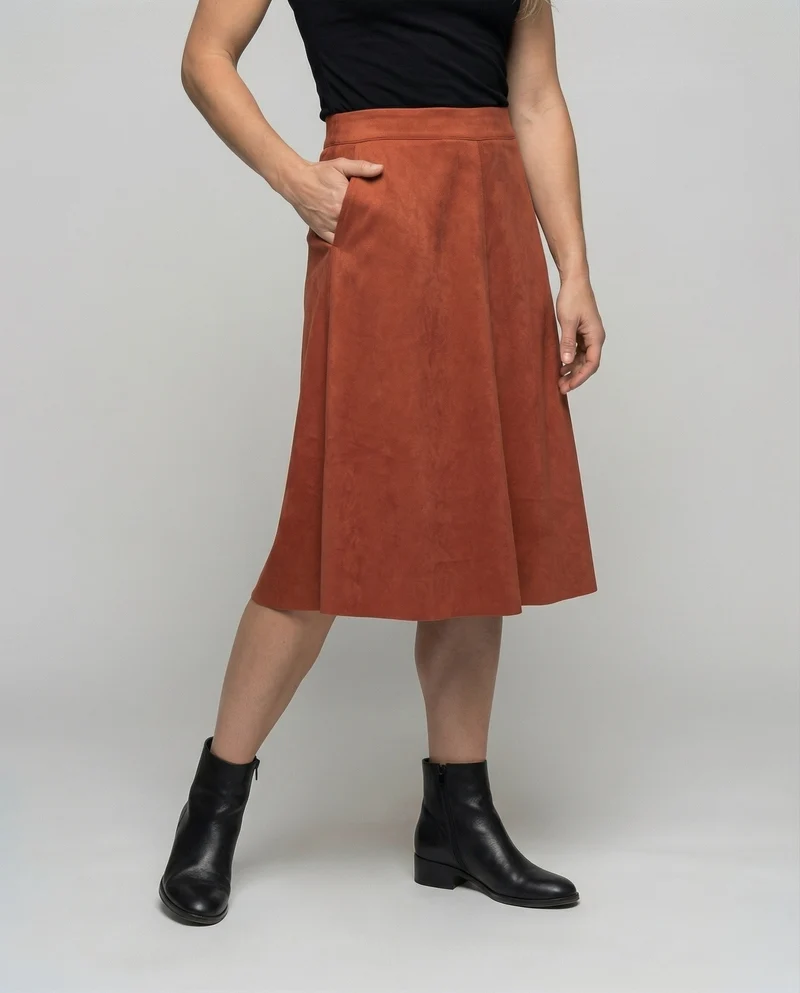 Damen Klassische Mittige Ziernaht Veloursimitat Midirock