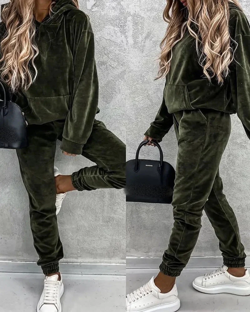 Damen luxuriöses Mikrofaser-Sportanzug mit Kapuze und Taschen