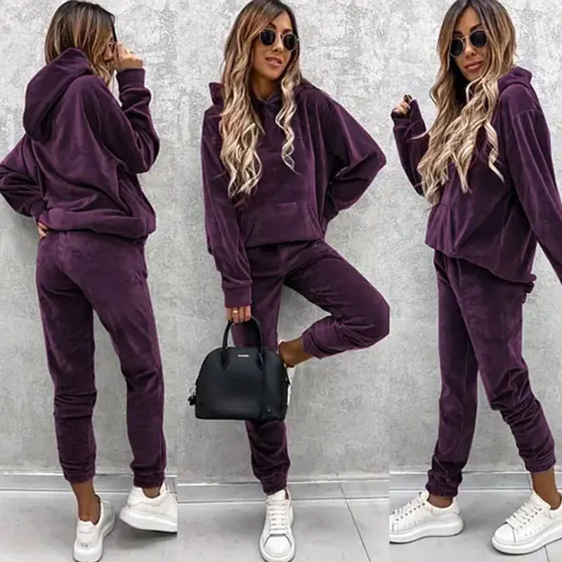 Damen luxuriöses Mikrofaser-Sportanzug mit Kapuze und Taschen
