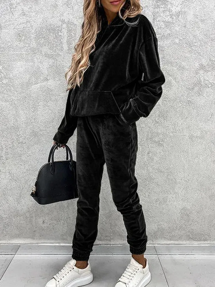 Damen luxuriöses Mikrofaser-Sportanzug mit Kapuze und Taschen