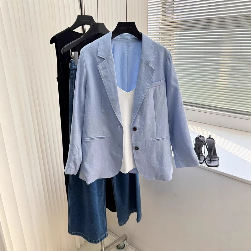 Damen Modischer Leinenblazer mit zwei Taschen Nord Taschen