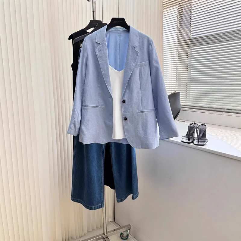 Damen Modischer Leinenblazer mit zwei Taschen Nord Taschen