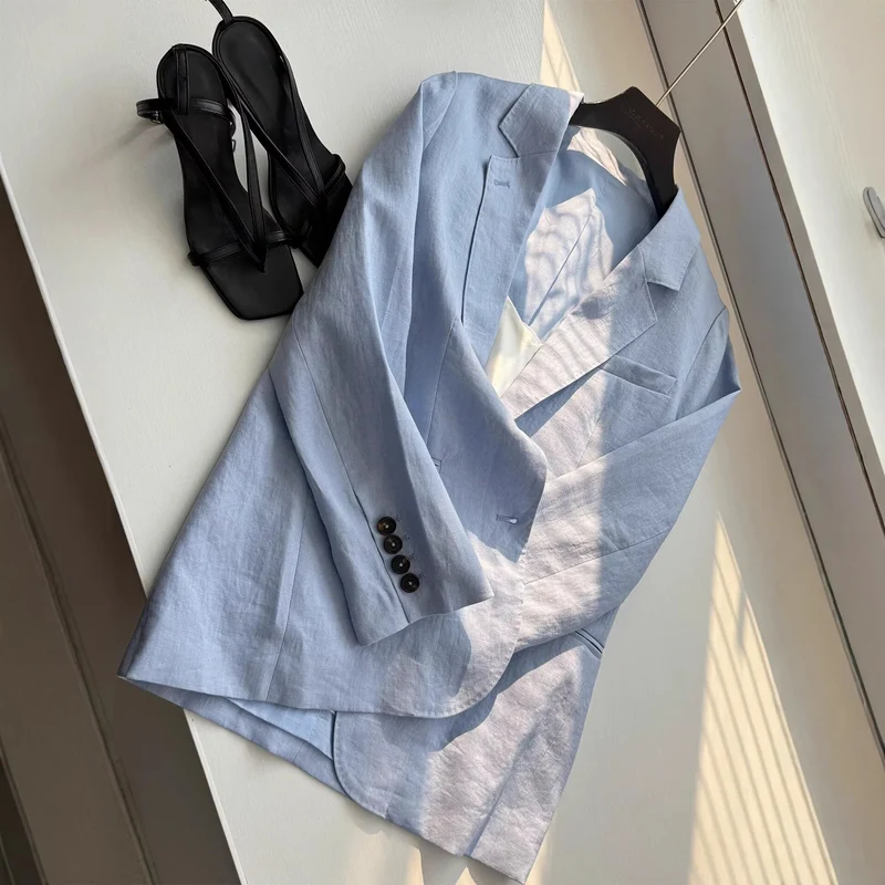 Damen Modischer Leinenblazer mit zwei Taschen Nord Taschen