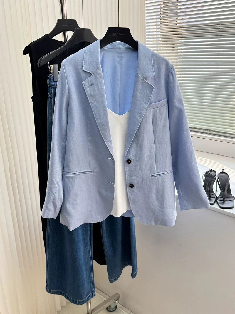 Damen Modischer Leinenblazer mit zwei Taschen Nord Taschen