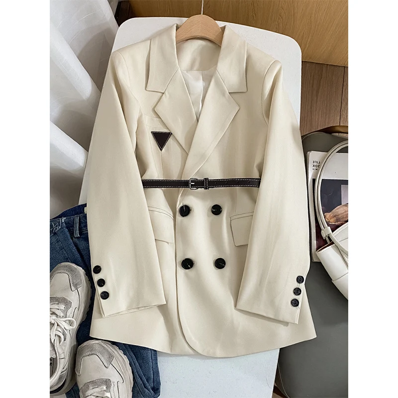 Damen Modischer Doppelreiher Blazer mit Taillengürtel Nord Taschen