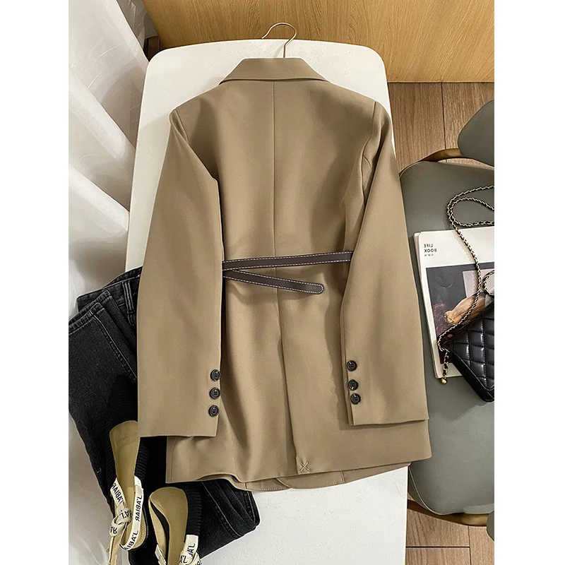 Damen Modischer Doppelreiher Blazer mit Taillengürtel Nord Taschen