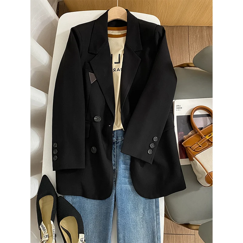Damen Modischer Doppelreiher Blazer mit Taillengürtel Nord Taschen