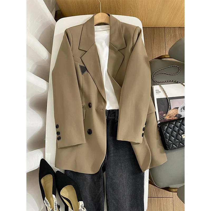 Damen Modischer Doppelreiher Blazer mit Taillengürtel Nord Taschen