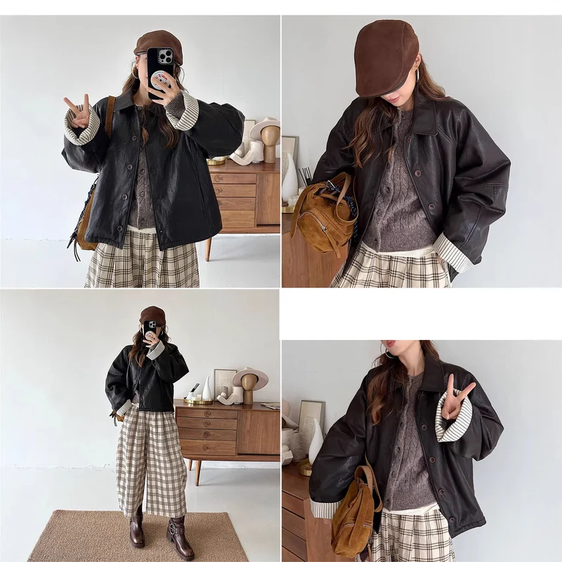 Damen Moderne Lederjacke mit gestreiften Manschetten Nord Taschen