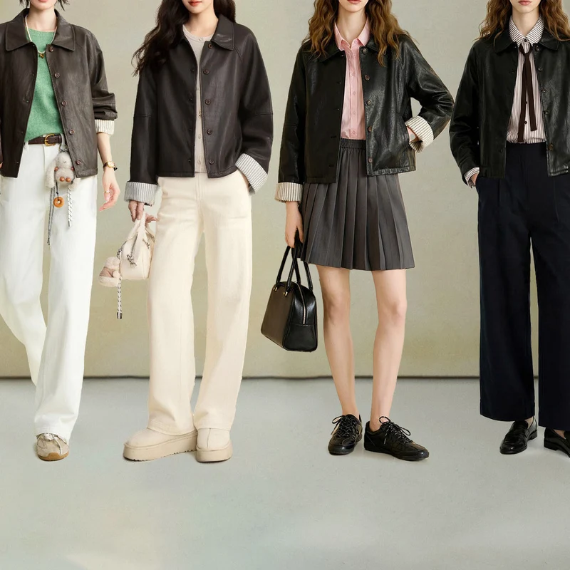 Damen Moderne Lederjacke mit gestreiften Manschetten Nord Taschen