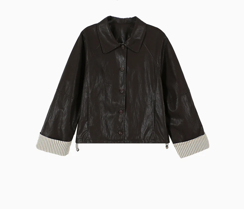 Damen Moderne Lederjacke mit gestreiften Manschetten Nord Taschen
