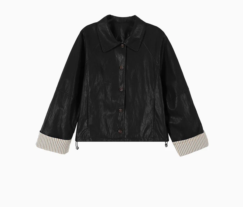 Damen Moderne Lederjacke mit gestreiften Manschetten Nord Taschen
