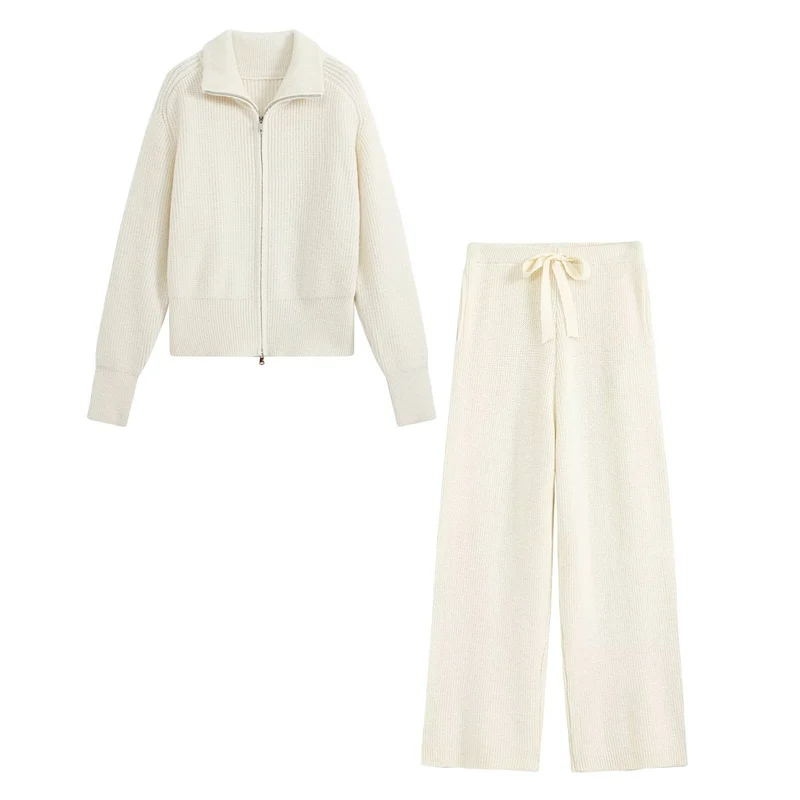 Damen Strick‑Lounge‑Set mit Stehkragen‑Zipperjacke und weiter Bundhose Nord Taschen