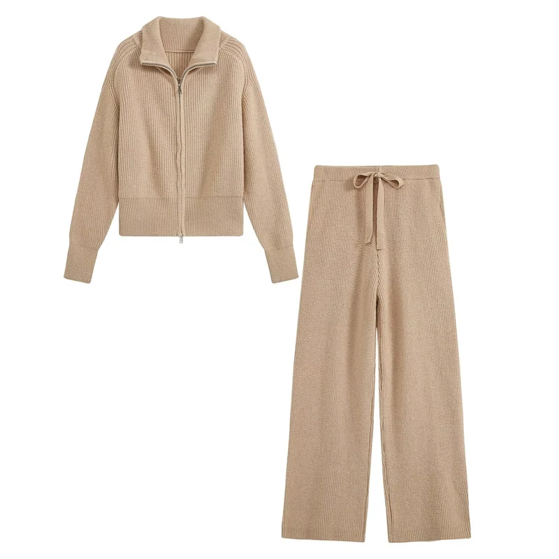 Damen Strick‑Lounge‑Set mit Stehkragen‑Zipperjacke und weiter Bundhose Nord Taschen