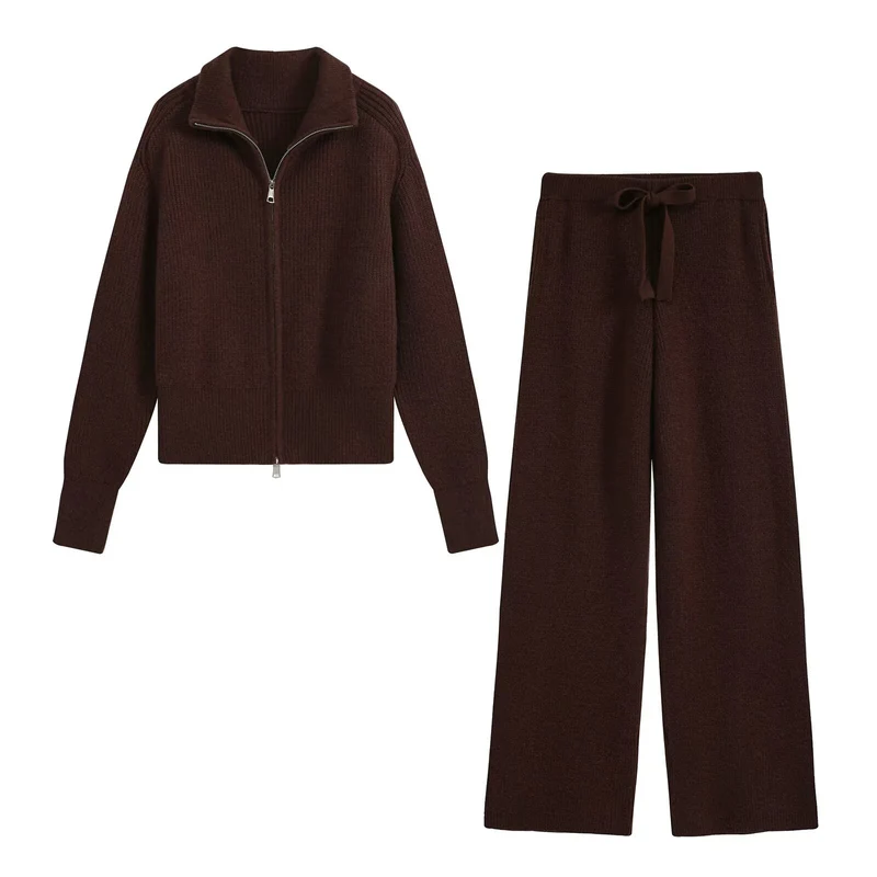 Damen Strick‑Lounge‑Set mit Stehkragen‑Zipperjacke und weiter Bundhose Nord Taschen