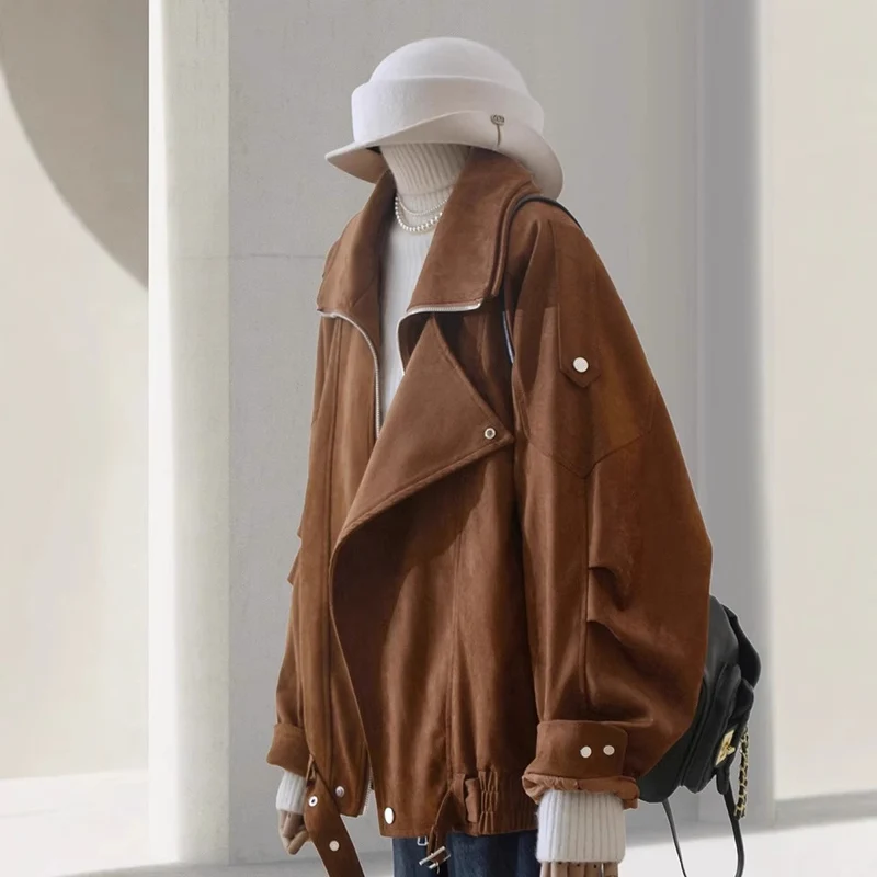 Damen Modische Wildlederjacke mit asymmetrischem Schnitt Nord Taschen