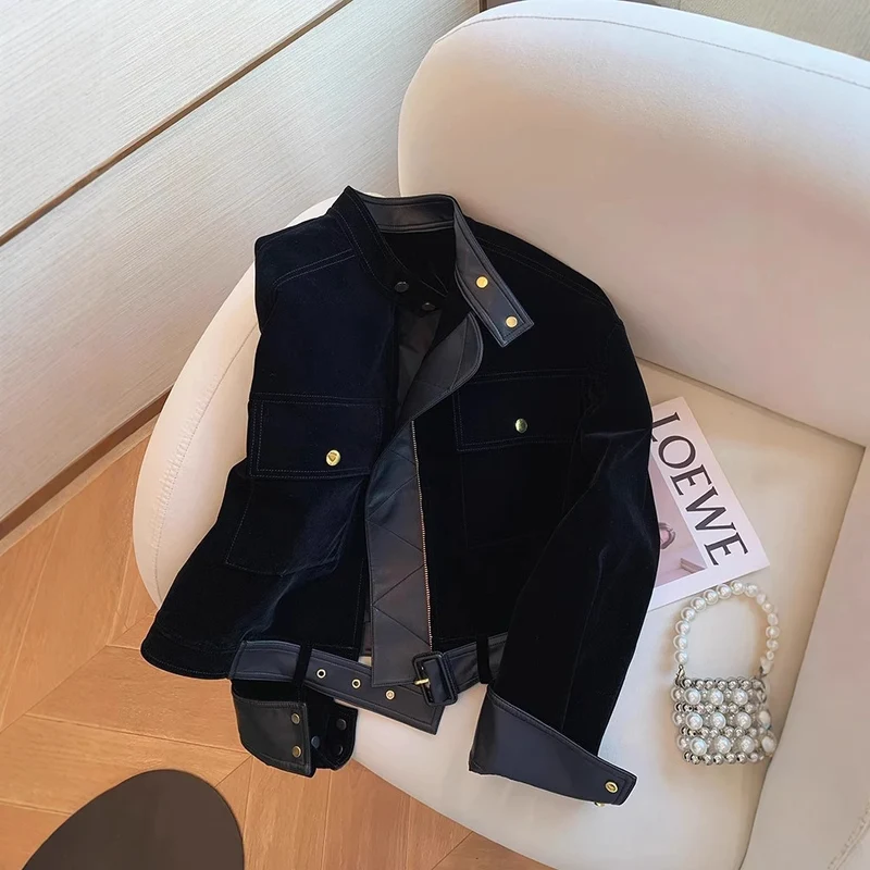 Damen Modische samtige Übergangsjacke mit Lederakzenten Nord Taschen