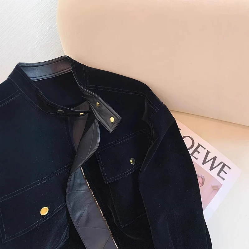 Damen Modische samtige Übergangsjacke mit Lederakzenten Nord Taschen
