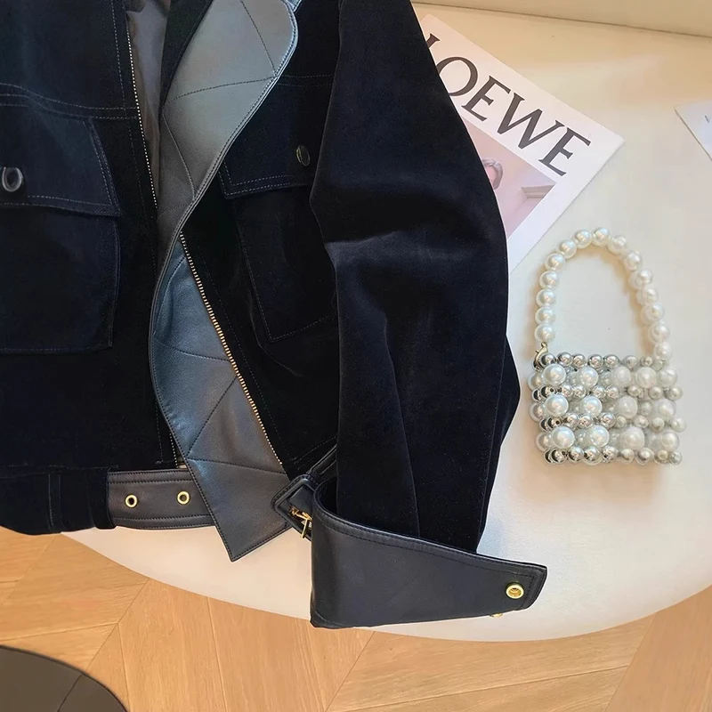 Damen Modische samtige Übergangsjacke mit Lederakzenten Nord Taschen