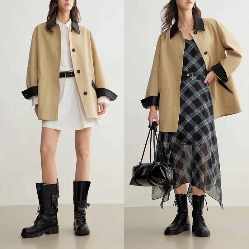 Damen Modische Oversized-Jacke mit Lederdetails Nord Taschen